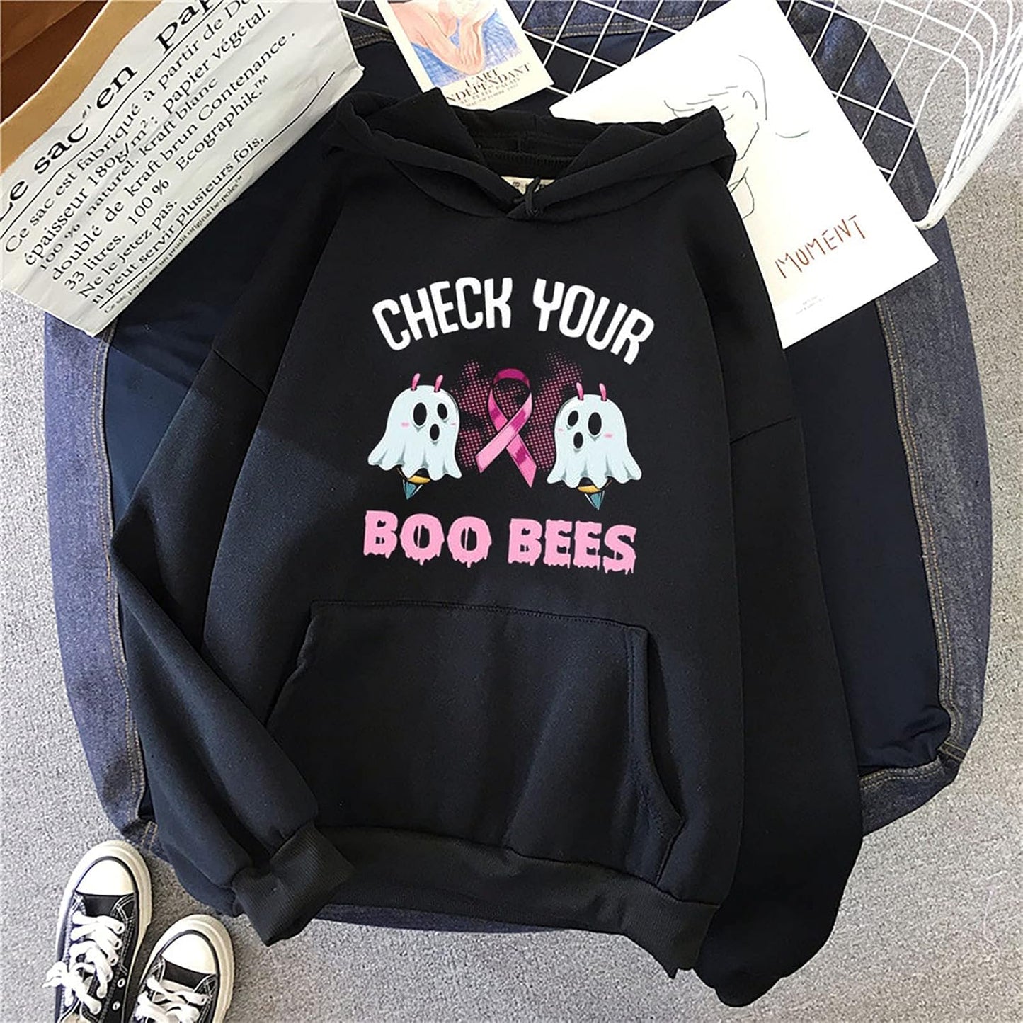 Pink Ribbon Breast Cancer Hoodie Sweatshirts for Women Casual Long Sleeve Funny Graphic Printed Pullover Sweater