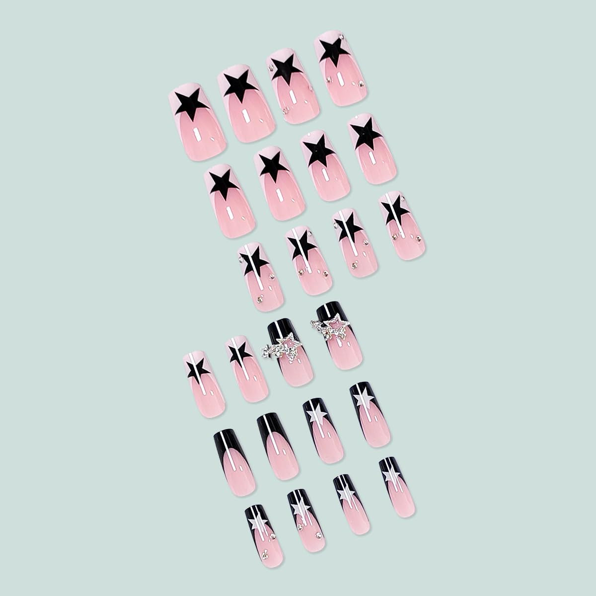 24 Pcs Pink Press on Nails Medium Square - Winter Fake Nails Press Ons White French Nail Art Tips Glue on Nails Full Cover False Nails with Charms Pentagram Design Stick on Nails Acrylic Nail