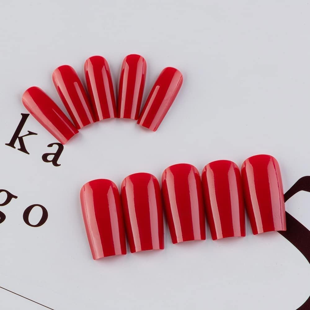 Red Press on Nails Medium Long Square, Medium Coffin Nails Acrylic Nails Press Ons Glue on Nails Medium Length, Solid Color Fake Nails for Women Holiday Thick Artificial Nails