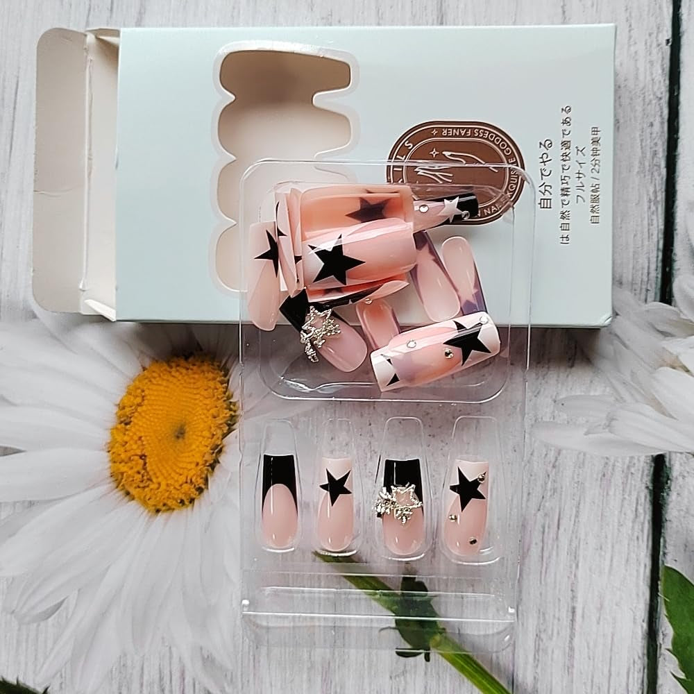 24 Pcs Pink Press on Nails Medium Square - Winter Fake Nails Press Ons White French Nail Art Tips Glue on Nails Full Cover False Nails with Charms Pentagram Design Stick on Nails Acrylic Nail