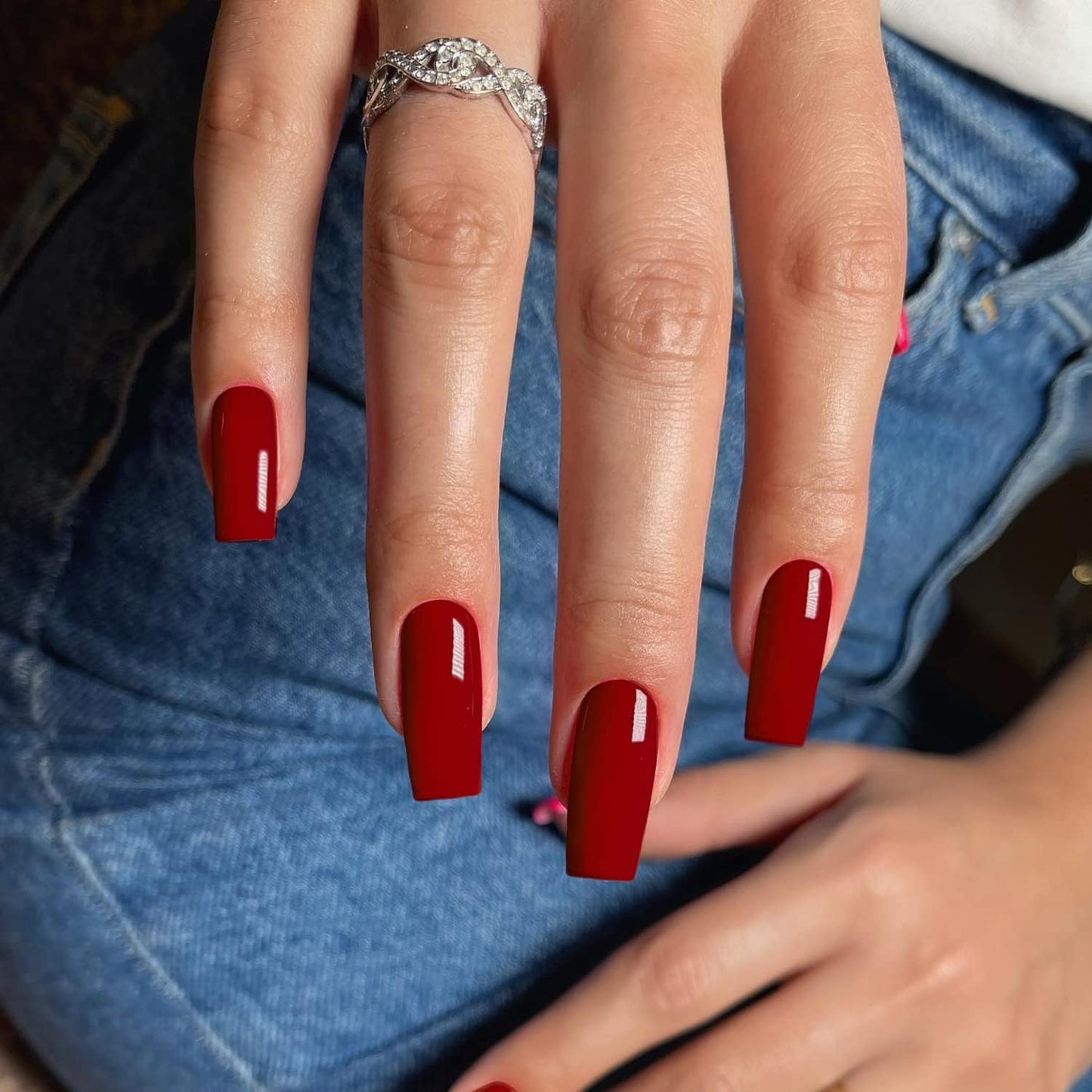 Red Press on Nails Medium Long Square, Medium Coffin Nails Acrylic Nails Press Ons Glue on Nails Medium Length, Solid Color Fake Nails for Women Holiday Thick Artificial Nails