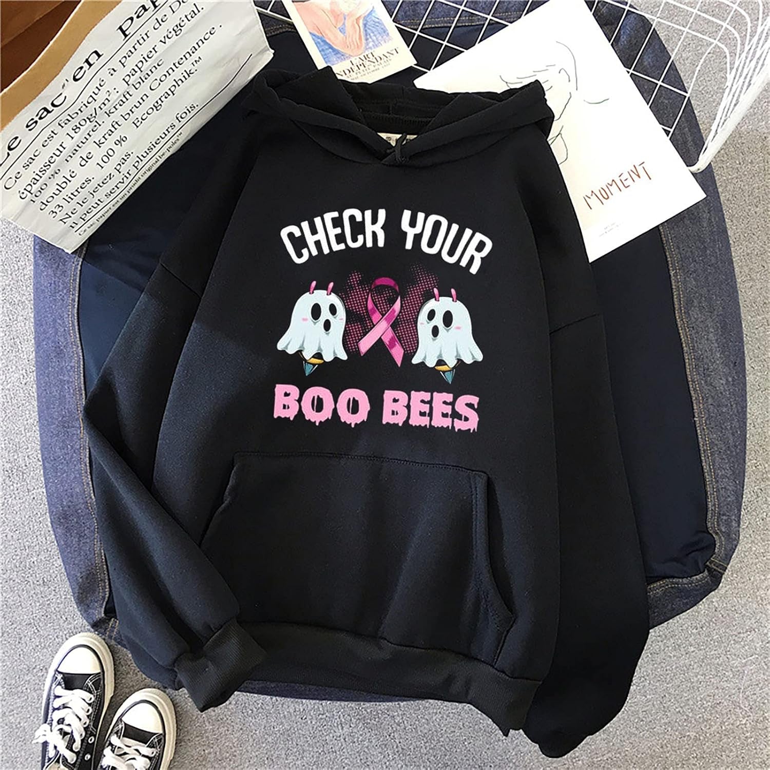 Pink Ribbon Breast Cancer Hoodie Sweatshirts for Women Casual Long Sleeve Funny Graphic Printed Pullover Sweater