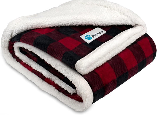 Waterproof Dog Blanket for Medium Large XL Dog Puppy Cat Throw for Couch Cover Leakproof Protection, Sherpa Fleece, Reversible Soft Washable 80X60 Checker Plaid Red