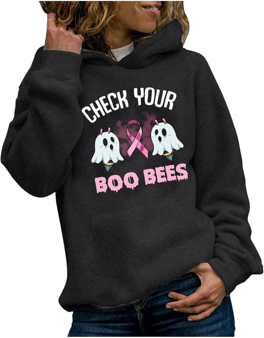 Pink Ribbon Breast Cancer Hoodie Sweatshirts for Women Casual Long Sleeve Funny Graphic Printed Pullover Sweater